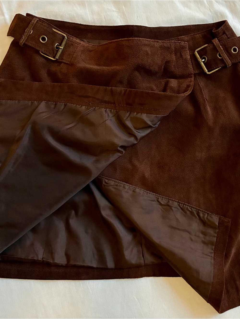 Brown Suede Mini Skirt with Buckle Details